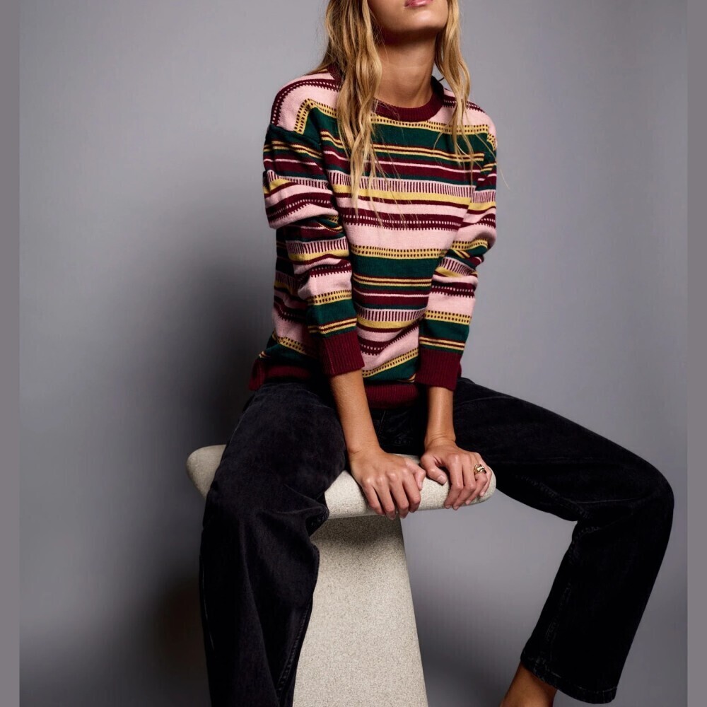 Burgundy Pink Green Yellow Striped Ribbed Hem Crew Neck Sweater